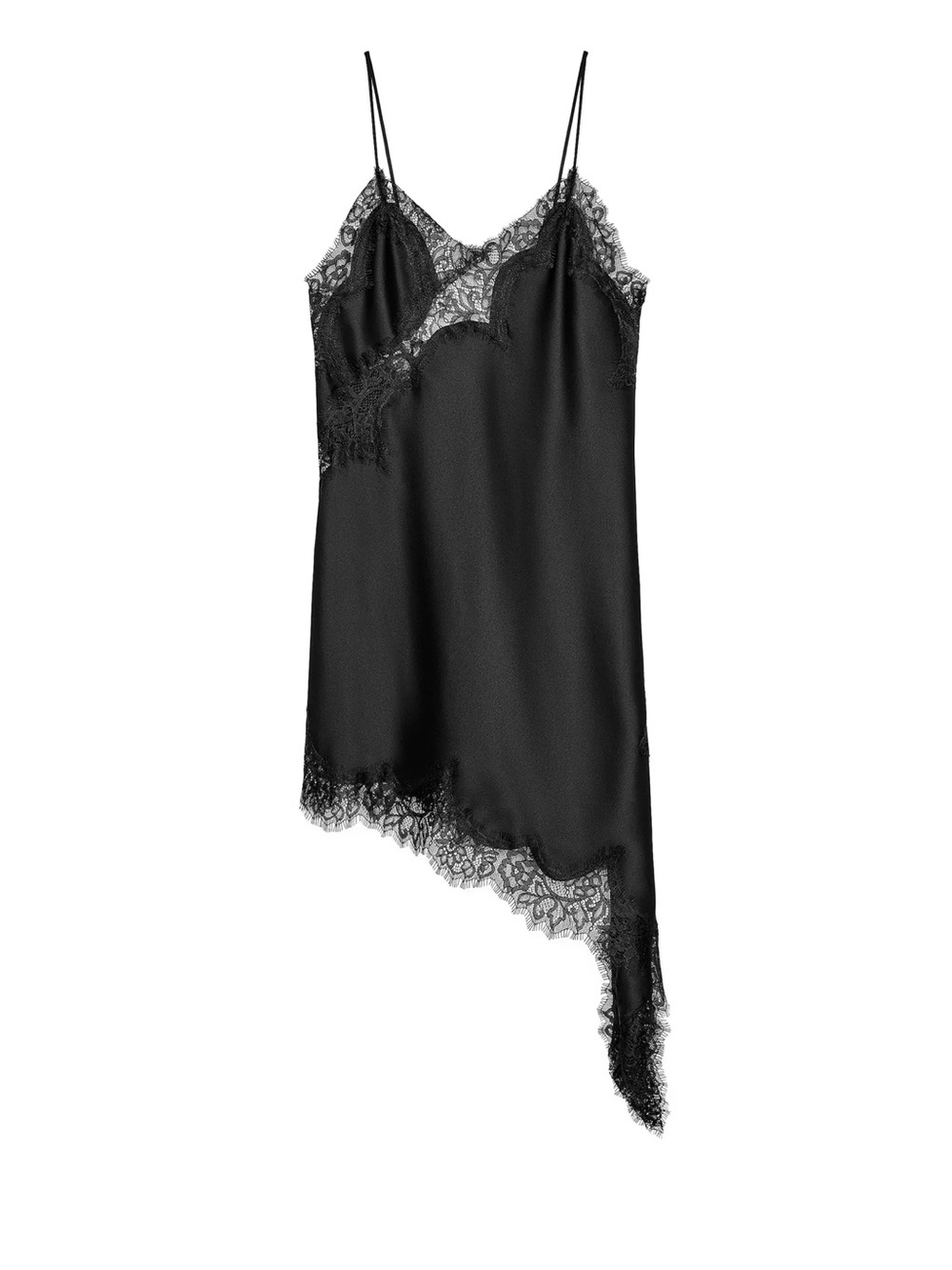 Zara Black Satin Asymmetric Lace Slip Dress